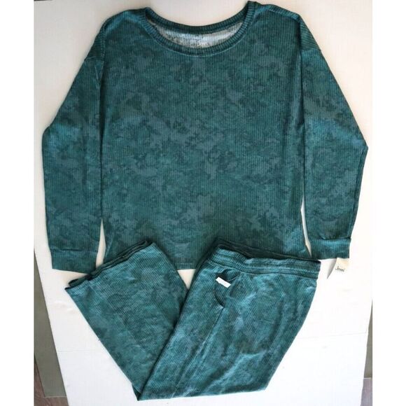 Jenni Women's Sz L Green Subtle Tie Dye 2-pc Cozy Ribbed Knit Pajama Set - Picture 2 of 16